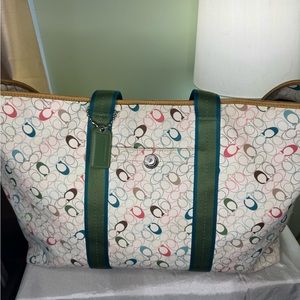 EUC COACH CHELSEA TOTE WITH GREEN CANVAS AND LEATHER STRAPS!!